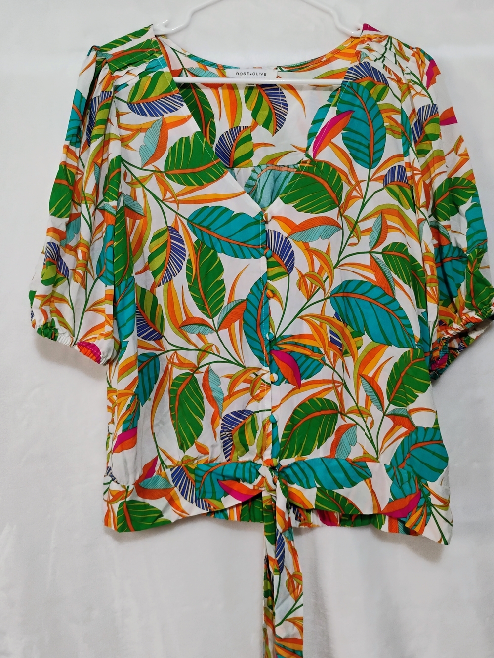 Rose + Olive Medium Tropical Tie Front V Neck Blouse Shirt Beach Colorful T